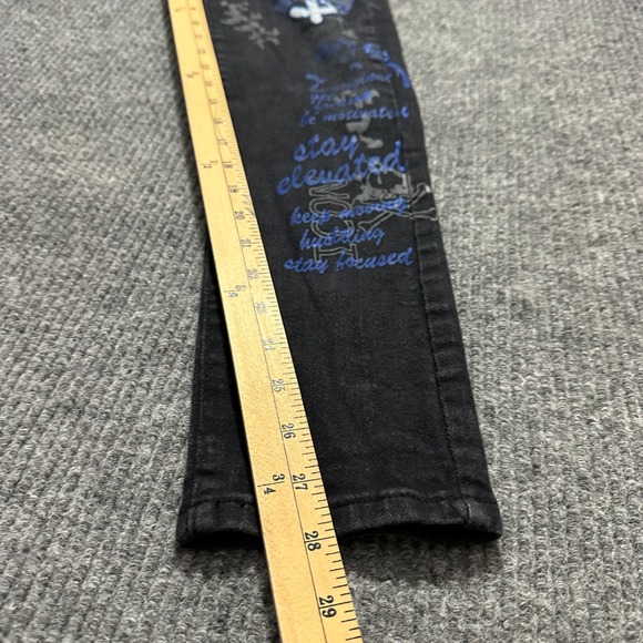 Road Narrows Mens Jeans Size 30 Black Denim Graphic Print Slim Fit Streetwear - Picture 4 of 10